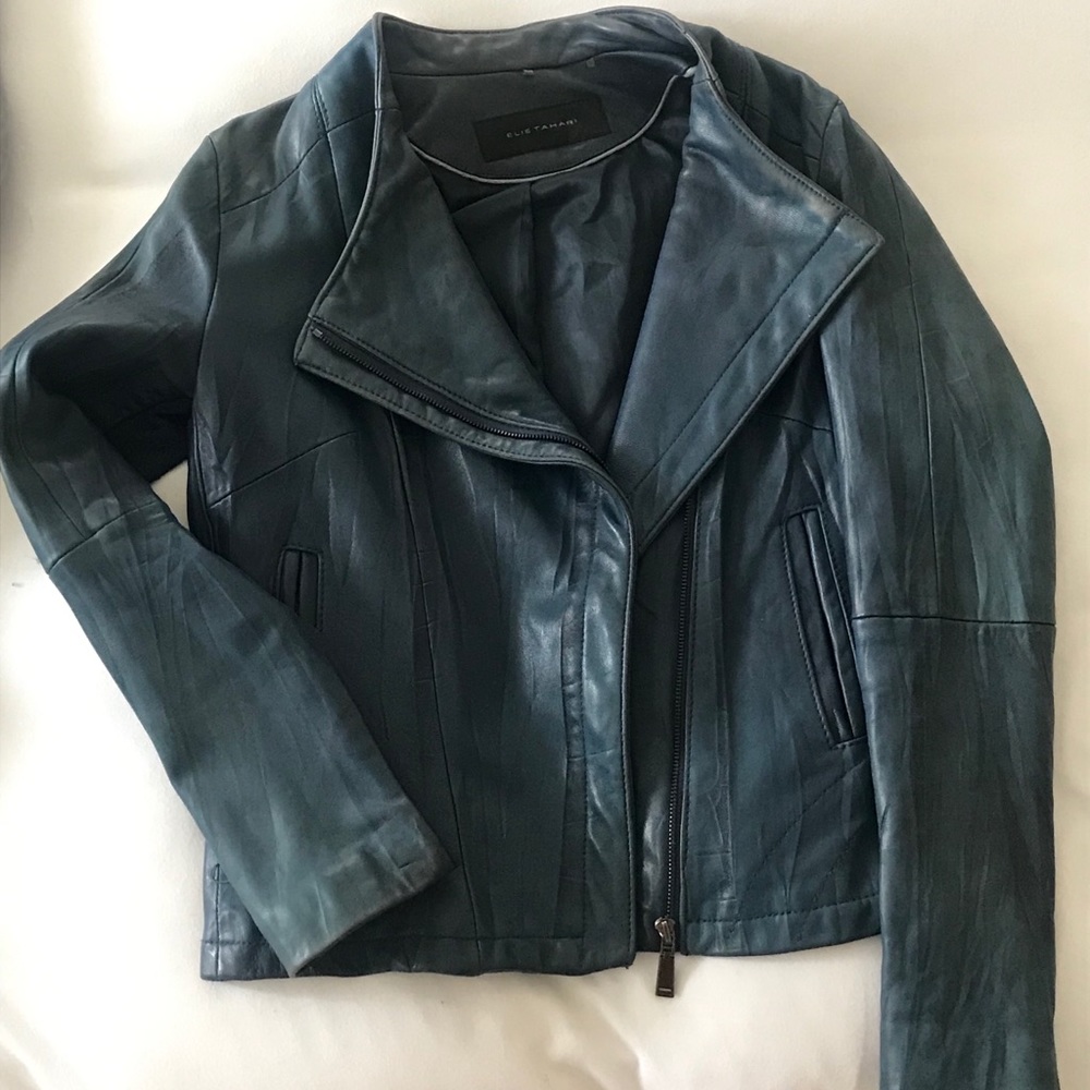 Elie Tahari, blue washed leather moto jacket